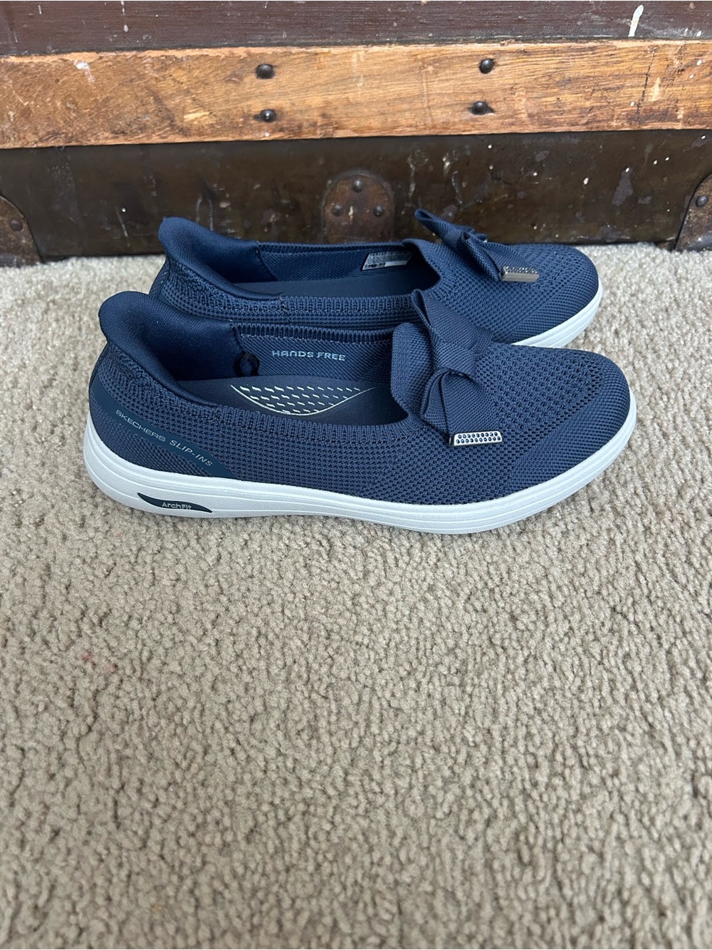 Skechers Navy Knit Slip-On Flats with Bow Accent